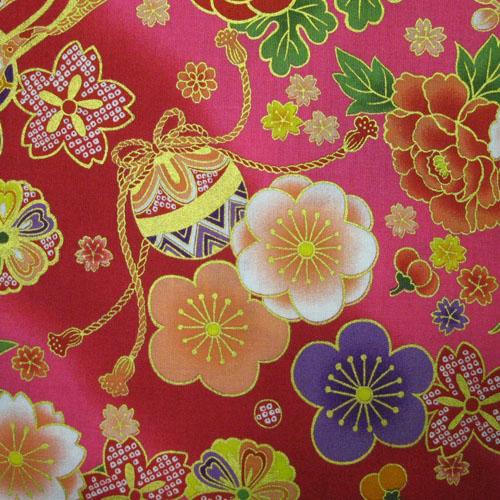 生地 和風花柄着物風花物語(赤) 和柄 布 1m単位 : 生地net - 通販 