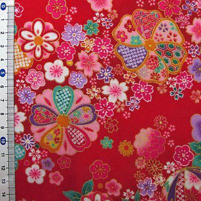和柄生地 布 和風花柄着物風 金彩斜め花模様 赤 生地 手芸 綿 b 生地net 通販 Yahoo ショッピング