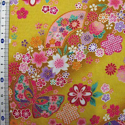 生地 布 和風花柄着物風 金彩斜め花模様 カラシ d 生地net 通販 Yahoo ショッピング