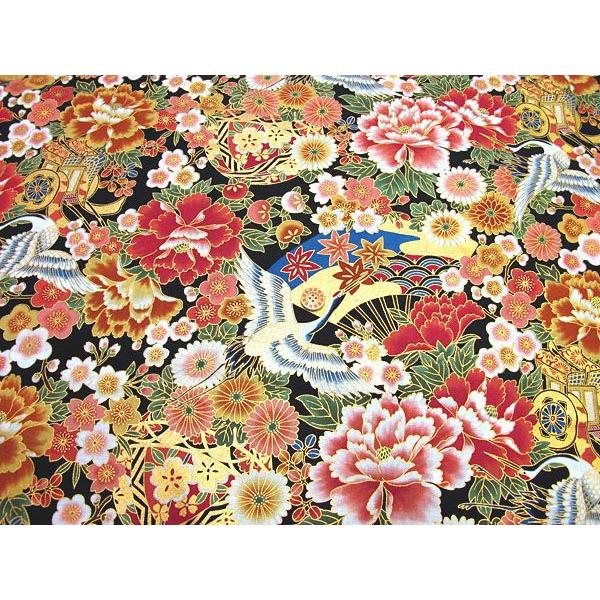 シーチング和柄生地和風花柄着物風金彩鶴御所車華文様(黒×ベーシック系  