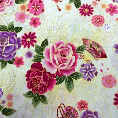 和柄生地 和風花柄着物風鼓と扇と花模様 アイボリー 生地 和柄 和調 手芸 布地 綿 布 和布 d 生地net 通販 Yahoo ショッピング
