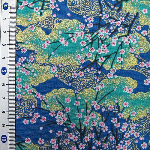 和柄生地 雅な金織桜文様(青系) 生地 手芸 綿 布 1m単位 : 生地 和柄生地 雅な金織桜文様(青系) 生地 手芸 綿 布 1m単位 : 生地