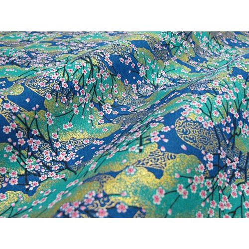 和柄生地 雅な金織桜文様(青系) 生地 手芸 綿 布 1m単位 : 生地 和柄生地 雅な金織桜文様(青系) 生地 手芸 綿 布 1m単位 : 生地