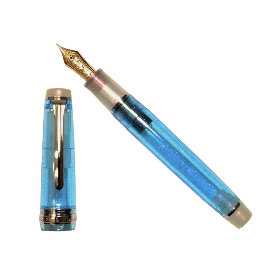 青色金属製万年筆 ゴールド装飾 オリジナル万年筆 ブルーハワイ 中細 ペン先21金大型 ☆ペン先は前の
