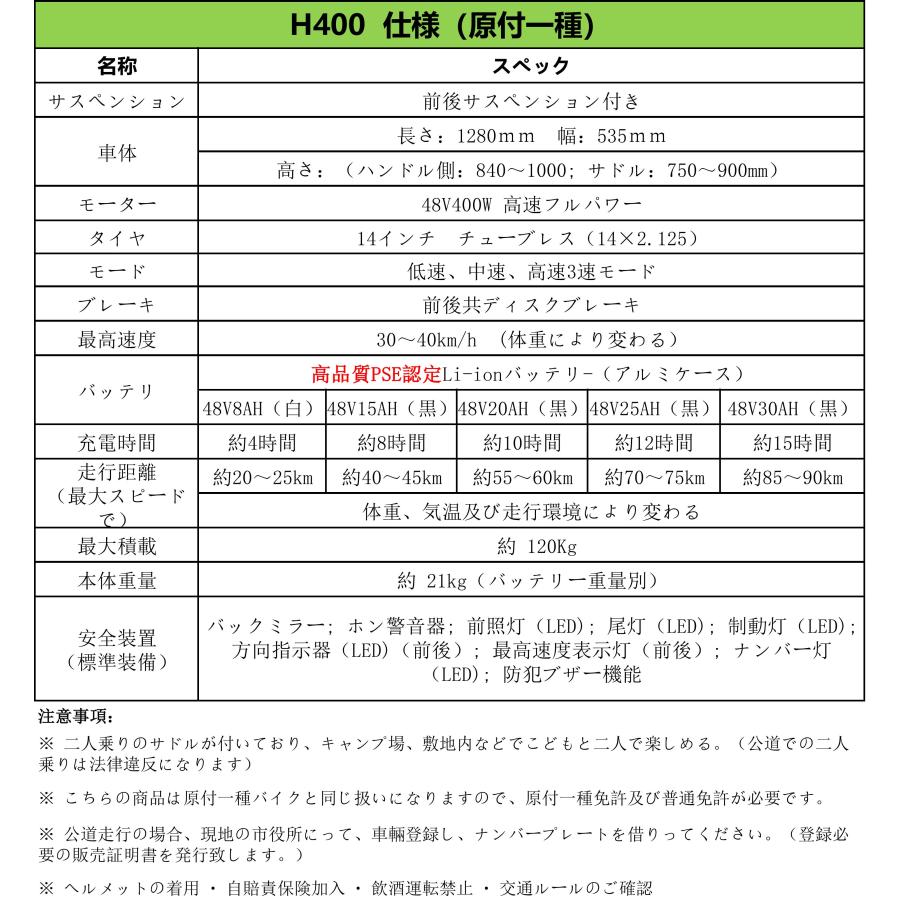 H400 最安値挑戦! 安全装置付 電動自転車 原付一種 最高時速40km/h 最大走行距離90km 公道走行可能 免許証必要 電動アシスト自転車 ひねちゃん モペット｜kik-bike｜02