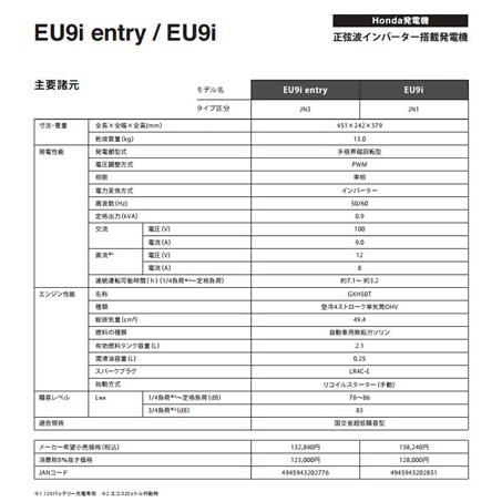 ホンダ（HONDA） ホンダ技研発電機 EU9i entry HONDAインバーター