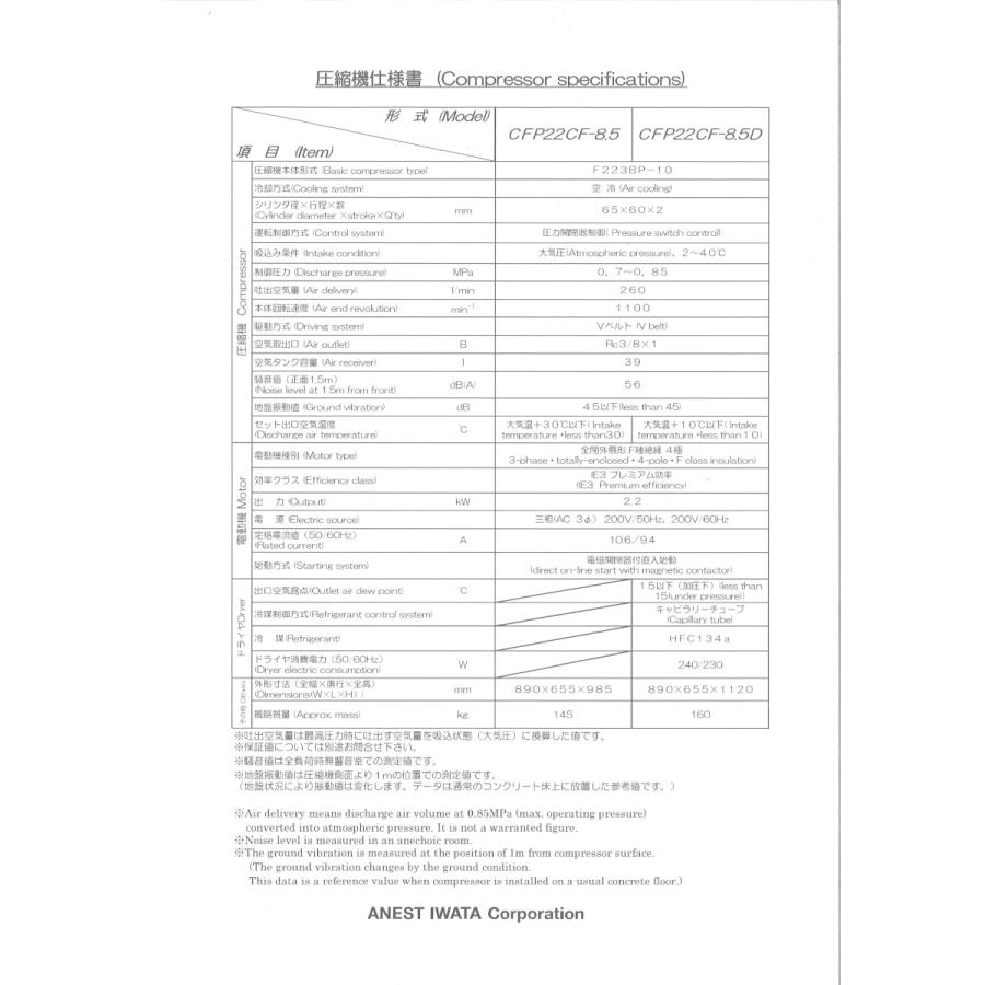 アネスト岩田 コンプレッサー 3馬力 CFP22CF-8.5D M6 60hz アネスト岩田 コンプレッサー 3馬力 CFP22CF-8.5D M6 60hz