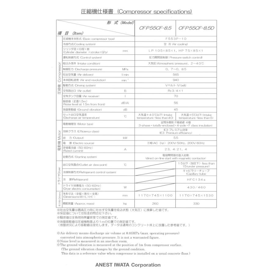 アネスト岩田 コンプレッサー 7.5馬力 CFP55CF-8.5 M5 50hz アネスト岩田 コンプレッサー 7.5馬力 CFP55CF-8.5 M5 50hz