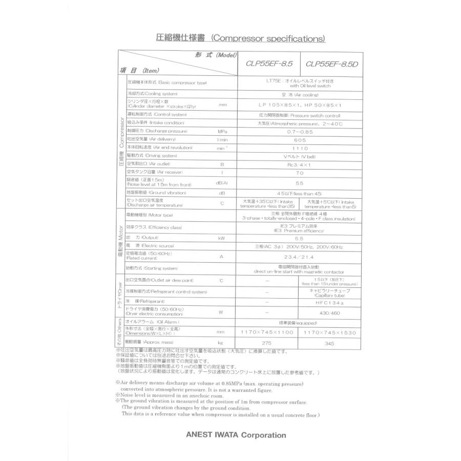 アネスト岩田 コンプレッサー 7.5馬力 CLP55EF-8.5D M6 60hz アネスト岩田 コンプレッサー 7.5馬力 CLP55EF-8.5D M6 60hz