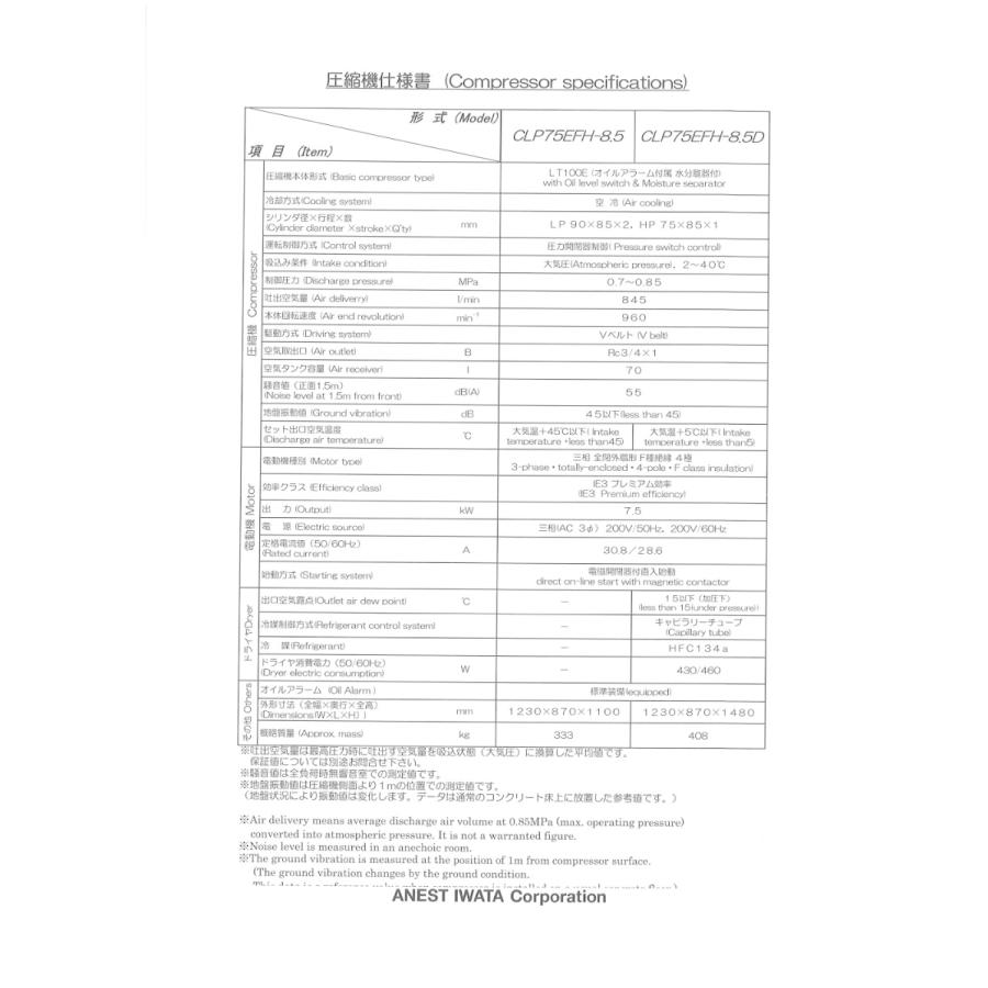 アネスト岩田 コンプレッサー 10馬力 CLP75EFH-8.5D M6 60hz アネスト岩田 コンプレッサー 10馬力 CLP75EFH-8.5D M6 60hz