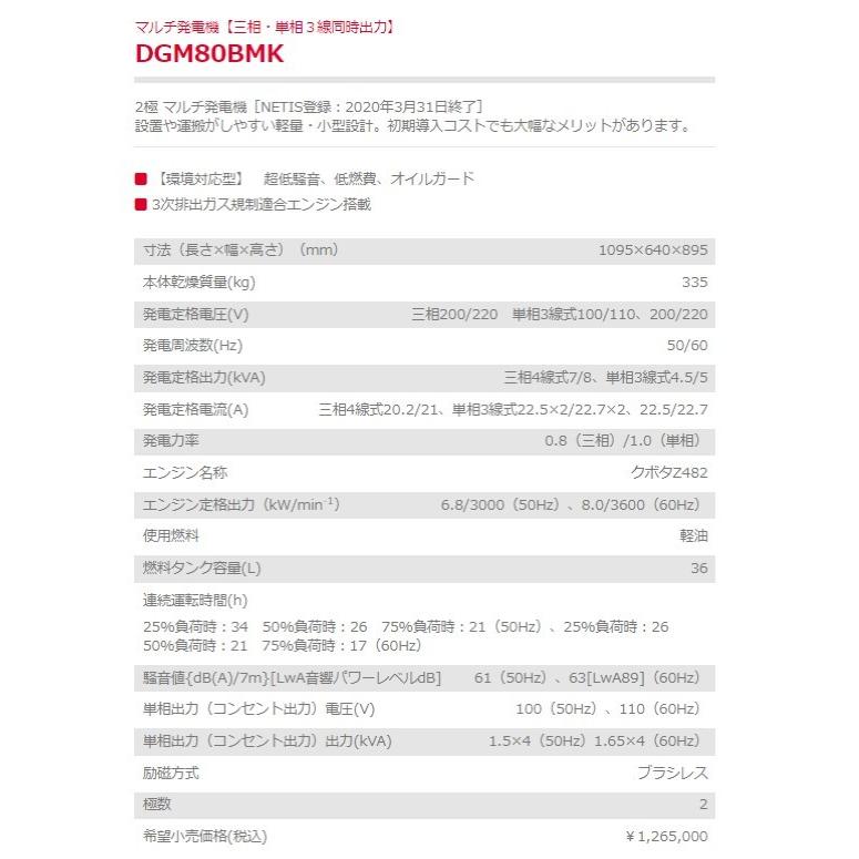 ヤマビコ 発電機 DGM80BMK 新ダイワ マルチ発電機 三相・単相3 ヤマビコ 発電機 DGM80BMK 新ダイワ マルチ発電機 三相・単相3