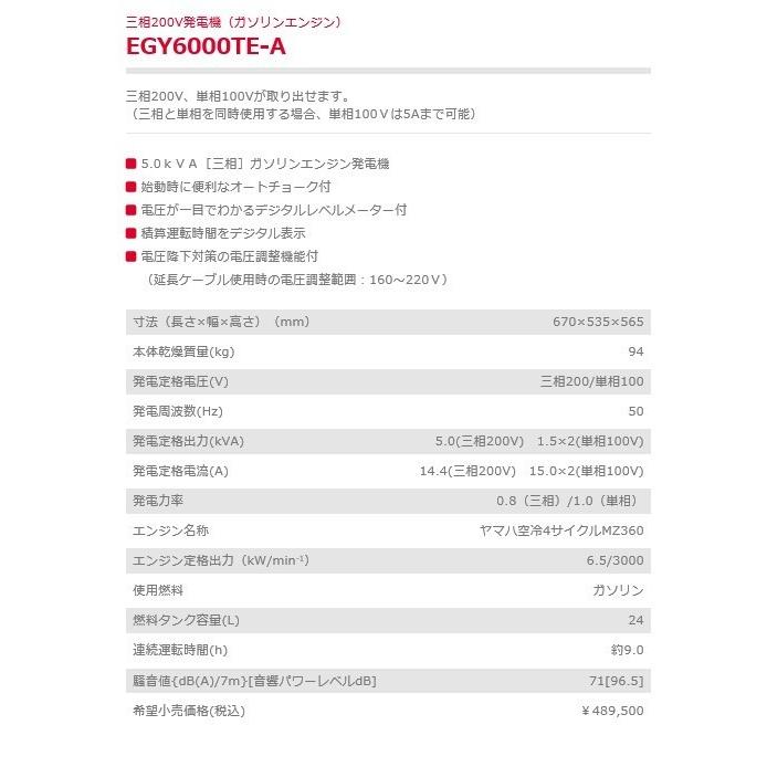ヤマビコ 発電機 新ダイワ EGY6000TE-A 50hz 三相誘導モーター ヤマビコ 発電機 新ダイワ EGY6000TE-A 50hz 三相誘導モーター