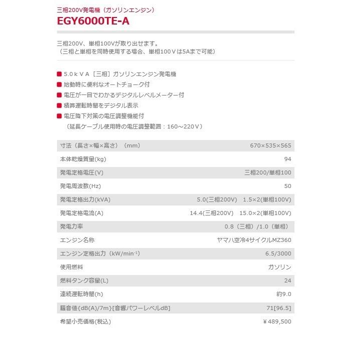 発電機 新ダイワ EGY6000TE-A 50hz 三相誘導モーター ガソリンエンジン 5.0KVA やまびこ 長期納期｜kikaihanbai-2｜02