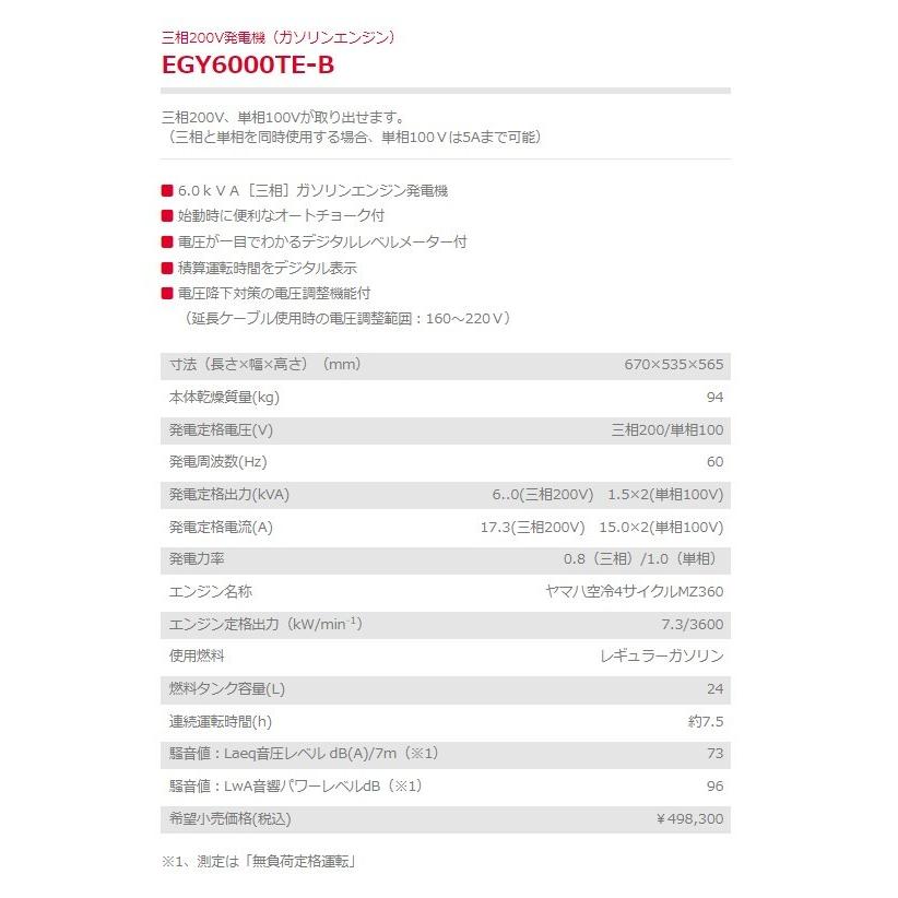 発電機 新ダイワ EGY6000TE-B 60hz 三相誘導モーター ガソリンエンジン 8KVA やまびこ 長期納期｜kikaihanbai-2｜02