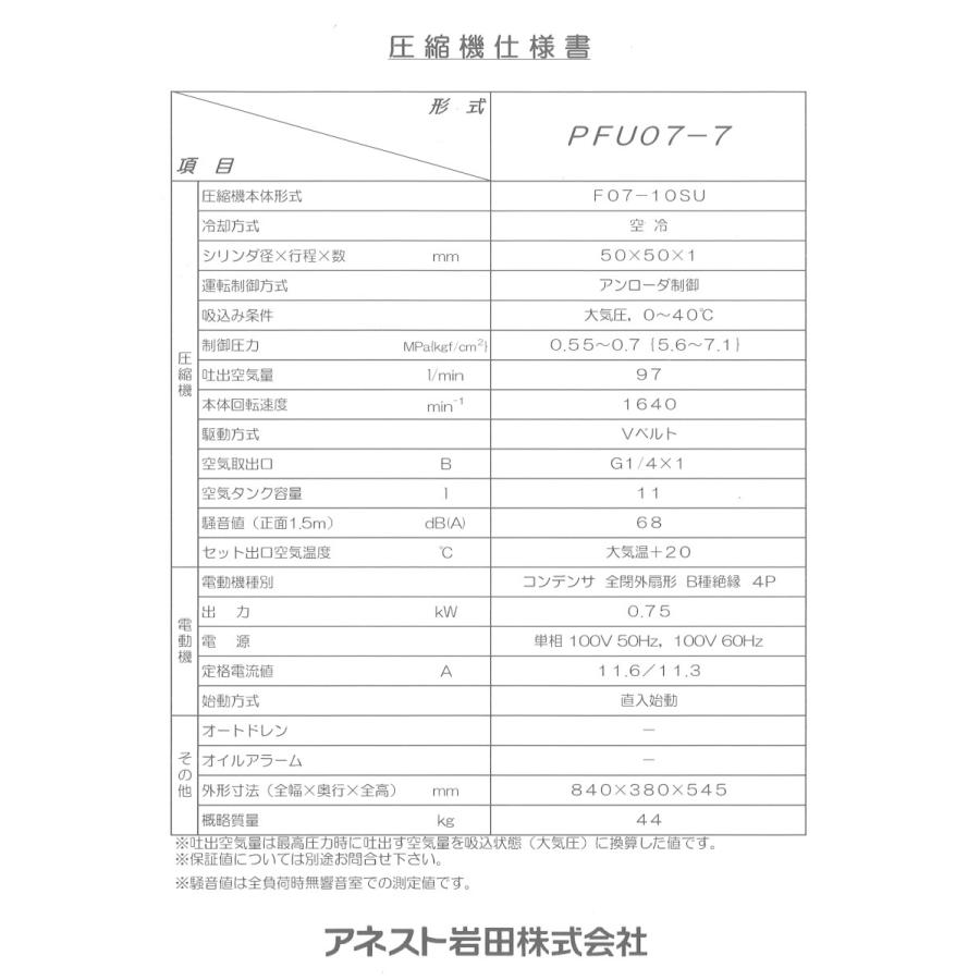アネスト岩田 コンプレッサー 100V オイルフリー PFU07-7 C6 アネスト岩田 コンプレッサー 100V オイルフリー PFU07-7 C6
