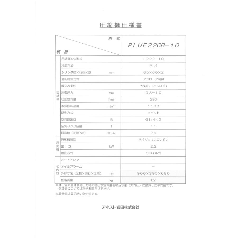 アネスト岩田 エアーコンプレッサー 3馬力 PLUE22CB-10 ガソリン アネスト岩田 エアーコンプレッサー 3馬力 PLUE22CB-10 ガソリン