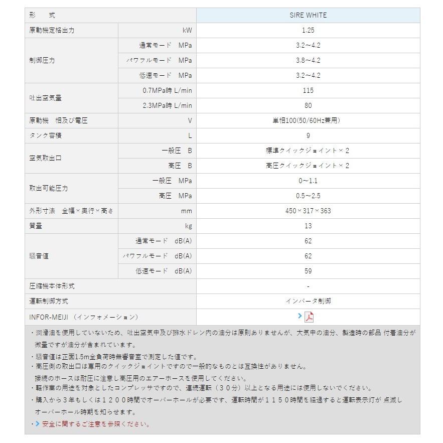 エアーコンプレッサー 明治機械 1.5馬力 オイルフリー ハンディー 軽便型 サイヤーホワイト SIRE WHITE