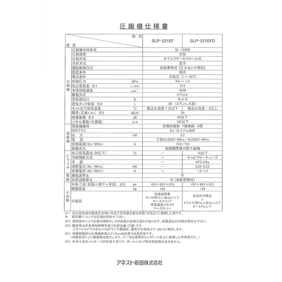 アネスト岩田 コンプレッサー SLP-221EF M6 60hz オイルフリー アネスト岩田 コンプレッサー SLP-221EF M6 60hz オイルフリー