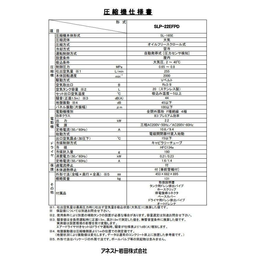 アネスト岩田 コンプレッサー SLP-22EFPD 50Hz オイルフリー アネスト岩田 コンプレッサー SLP-22EFPD 50Hz オイルフリー