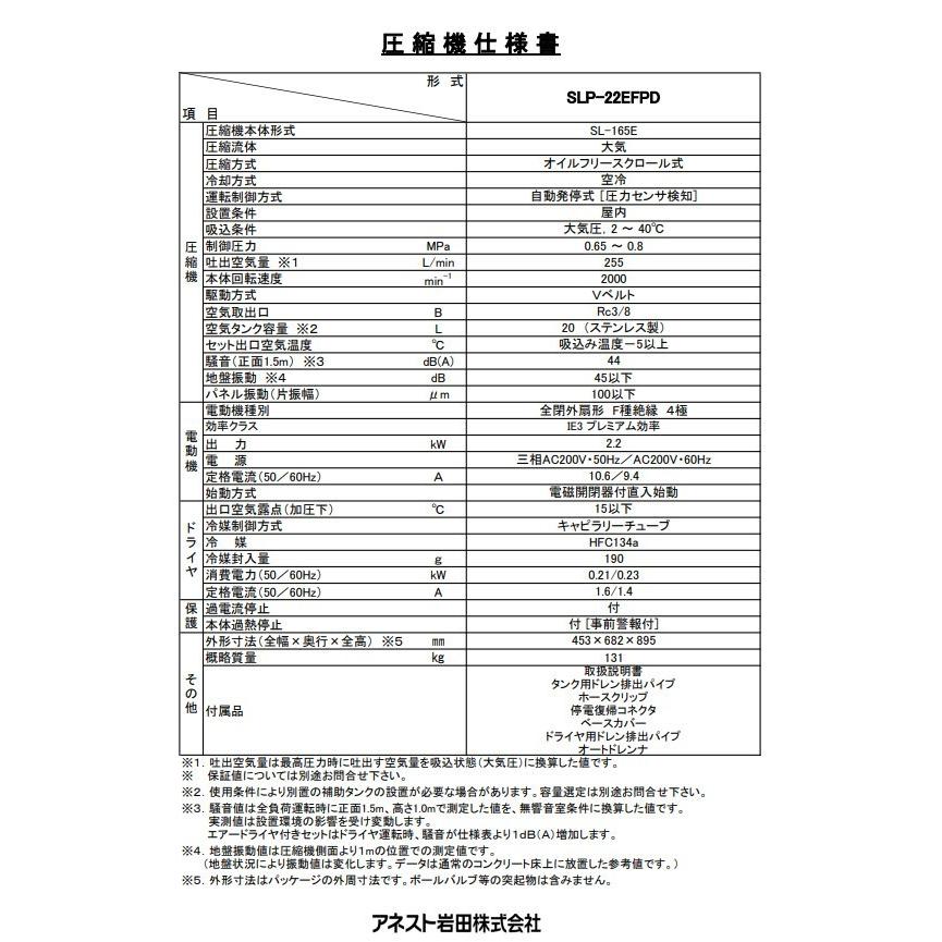 アネスト岩田 コンプレッサー SLP-22EFPD 60Hz オイルフリー アネスト岩田 コンプレッサー SLP-22EFPD 60Hz オイルフリー