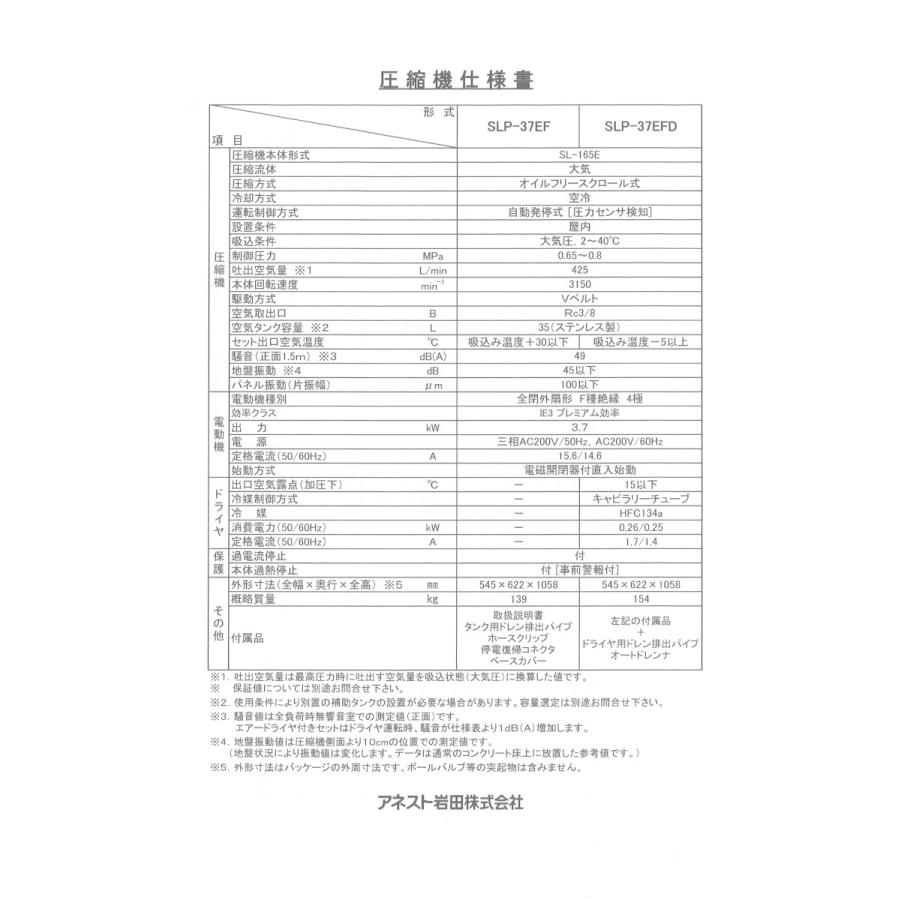 アネスト岩田 コンプレッサー SLP-37EFD M5 50hz オイルフリー アネスト岩田 コンプレッサー SLP-37EFD M5 50hz オイルフリー