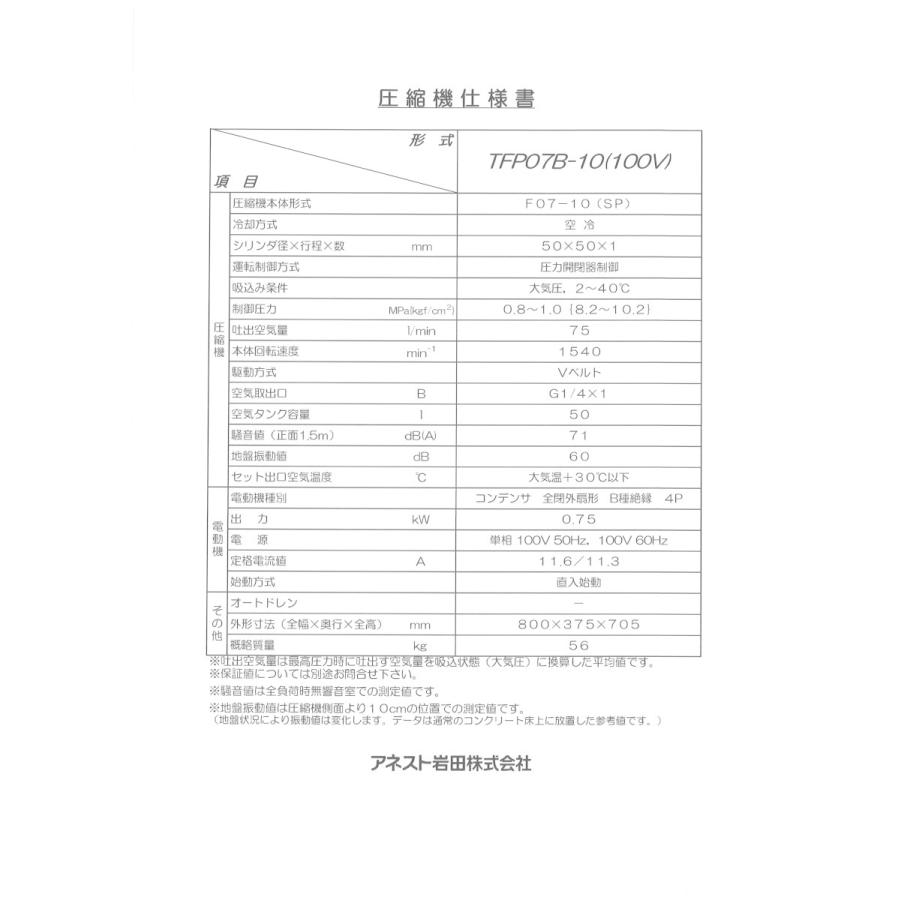 アネスト岩田 コンプレッサー 1馬力 TFP07BF-10 M6 オイルフリー アネスト岩田 コンプレッサー 1馬力 TFP07BF-10 M6 オイルフリー