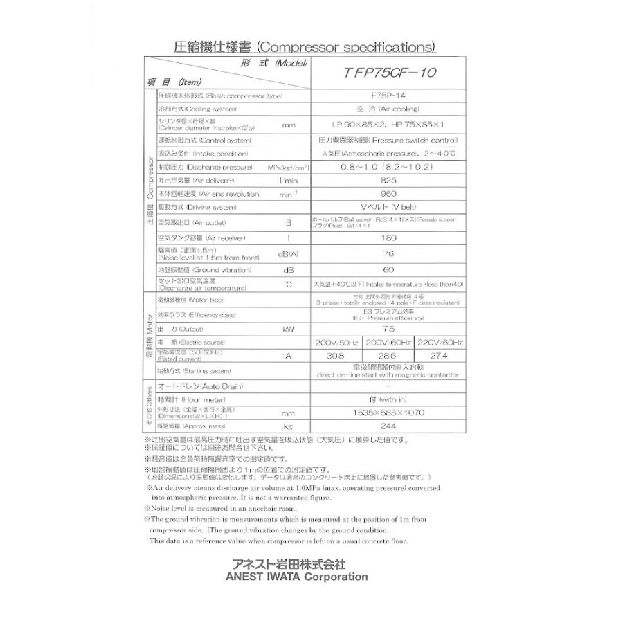 定番 アネスト岩田 TLP75EG-10 10馬力 給油式 レシプロ タンクマウント
