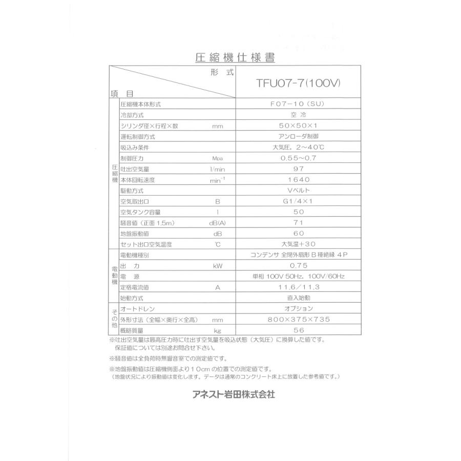 アネスト岩田 コンプレッサー 1馬力 TFU07BF-7 S5 オイルフリー アネスト岩田 コンプレッサー 1馬力 TFU07BF-7 S5 オイルフリー