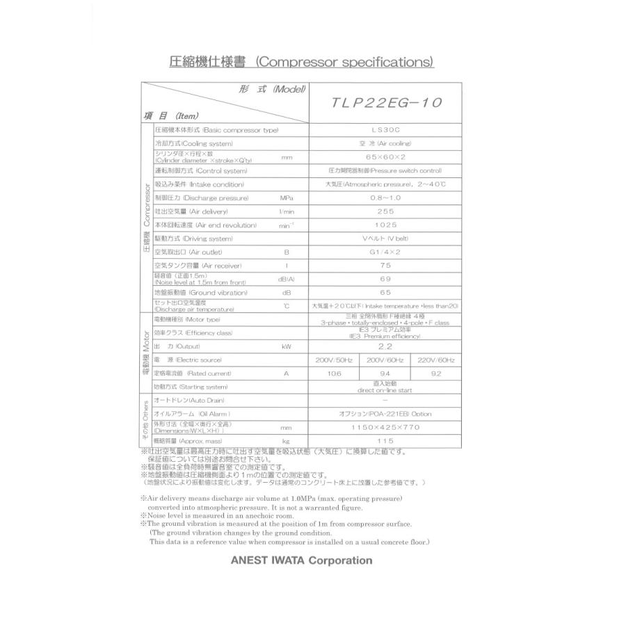 アネスト岩田 TLP22EG-10 M6 60hz 3馬力 給油式 レシプロ タンク アネスト岩田 TLP22EG-10 M6 60hz 3馬力 給油式 レシプロ タンク