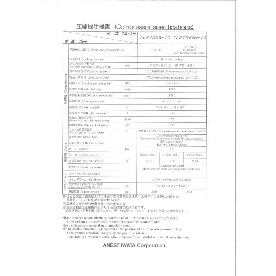 アネスト岩田 TLP75EGH-10 M5 10馬力 給油式 レシプロ タンク アネスト岩田 TLP75EGH-10 M5 10馬力 給油式 レシプロ タンク