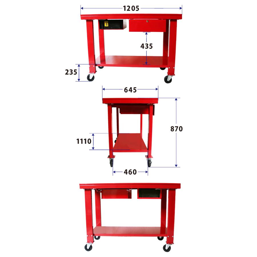 秋田店 分解作業台 W1205×D645×H870mm オイルパン付き 作業台 耐荷重500kg エンジン分解 キャスター付 受け皿 鍵付き 引き出し（個人様は営業所止め）