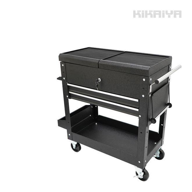 ツールワゴン ツールカート 作業台 スライドトップ 天板開閉式 リンクル塗装 ブラック ドライバー挿し KIKAIYA