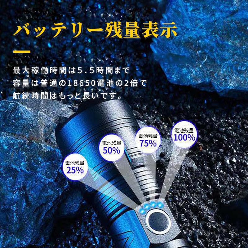 (一年保証)懐中電灯 LED 強力 軍用 超高輝度 5000ルーメン ledライト IPX6防水 ライト ハンディライト 両用 USB充電式ライト 防災 地震 キャンプ 散歩 作業灯｜kiki-jwbt｜04