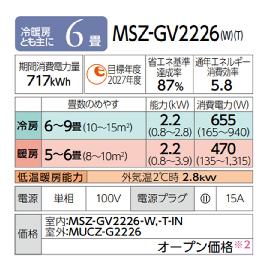 霧ヶ峰 エアコン 6畳 2026年度モデル 三菱 GVシリーズ MSZ-GV2226 W