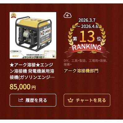 ★アーク溶接★エンジン溶接機 発電機兼用溶接機(ガソリンエンジン) アーク溶接 100V 2.0kVA DC 溶接定格出力電流(DC160A) 溶接棒2.0〜4.0mmの画像