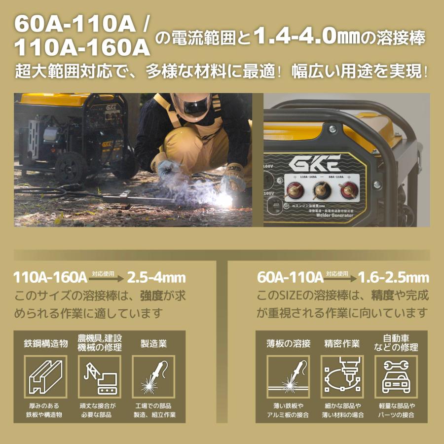 ★アーク溶接★エンジン溶接機 発電機兼用溶接機 ガソリンエンジン溶接機 100V GKE-AC160A アーク溶接 3.5kVA AC 160A 溶接棒1.4〜4.0mmの画像