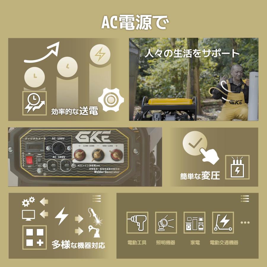 ★アーク溶接★エンジン溶接機 発電機兼用溶接機 ガソリンエンジン溶接機 100V GKE-AC160A アーク溶接 3.5kVA AC 160A 溶接棒1.4〜4.0mmの画像
