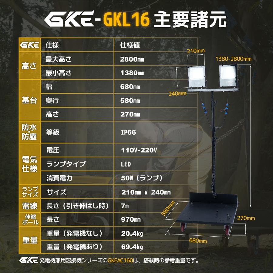 ★一体式★LED投光器 50W×2 防水 屋外用 100V 高さ3m調整可能 GKE ☆一体式☆LED投光器 50W×2 防水 屋外用 100V 高さ3m調整可能 台車
