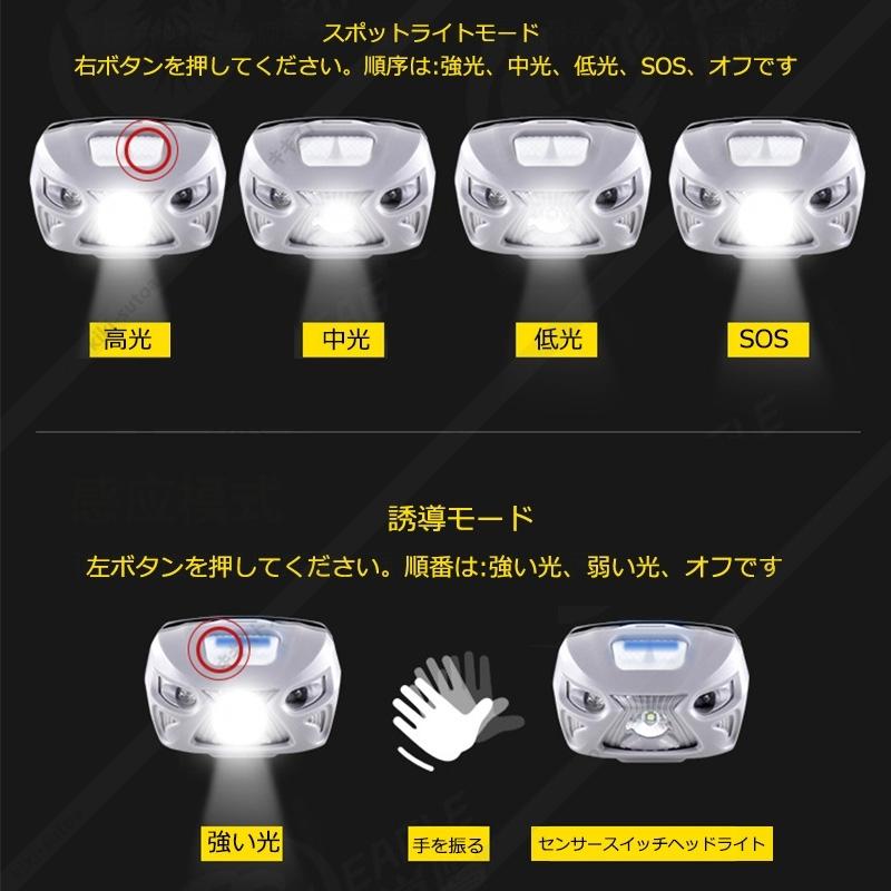 ヘッドランプ LED 防水 強力 高輝度 センサー付き USB充電式 ヘッドライト 登山 釣り アウトドア キャンプ 懐中電灯 防災 災害対策 工事 仕事 作業用 停電対策｜kiki-sutoa｜05