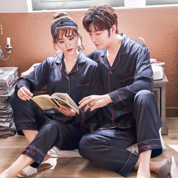 春新作 ペアルック メンズ パイピング サテン パジャマ 長袖 上下セット ネイビー レディース 光沢 シルクタッチ 寝間着 ルームウェア 部屋着 ナイトウェア Clingerie04 Kikiファッション 通販 Yahoo ショッピング