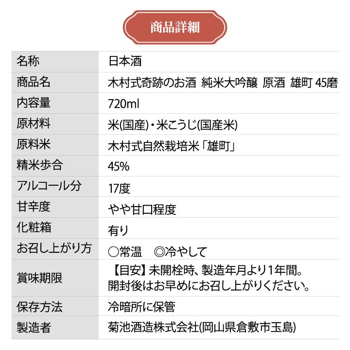 日本酒 純米大吟醸 奇跡のお酒 720ml  送料無料  木村式 雄町 45磨 原酒 ギフト おしゃれ 父の日 お祝い 退職祝い 酒 地酒 倉敷 岡山 プレゼント｜kikuchishuzo｜15