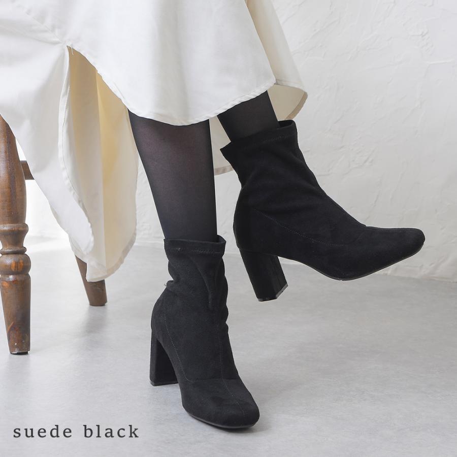ショートブーツ レディース 太ヒール チャンキーヒール ストレッチ