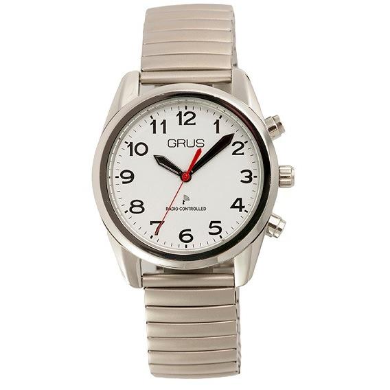 GRUS グルス ボイス電波腕時計 伸縮メタルバンド ×文字盤ホワイトGRS003-01