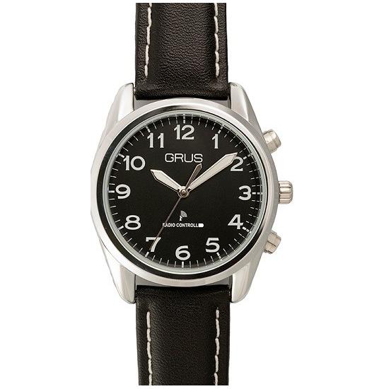 GRUS グルス ボイス電波腕時計 革バンドブラック×文字盤ブラック 　GRS003-03