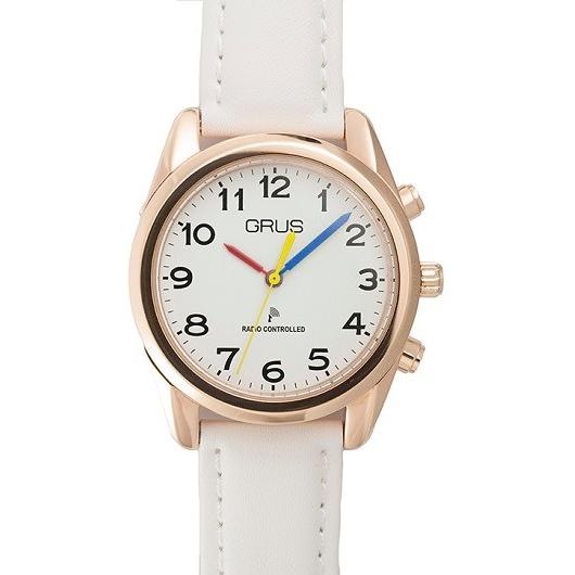 GRUS グルス ボイス電波腕時計 革バンドホワイト×文字盤ホワイト 　GRS003-05