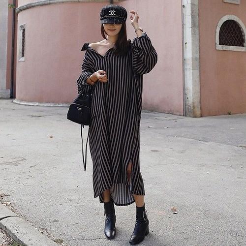 ワンピース レディース 秋 冬 ロング ストライプ シャツワンピース マキシ丈 長袖 通勤服 通学服 お呼ばれ 食事会 デート服 10代 代 30代 40代 50代 Ym Kilalion キラリオン 通販 Yahoo ショッピング