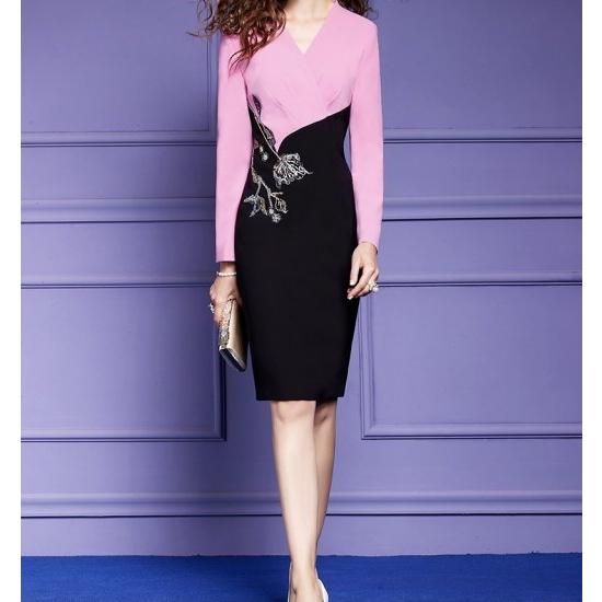 ドレス ワンピース 膝丈 ミモレ丈 タイト ピンク ブラック レディース 大きいサイズ Vネック セクシー 長袖 きれいめ お呼ばれ