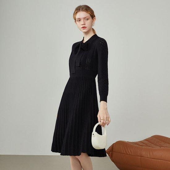 ワンピース ニット ひざ下丈 ワンピース 長袖 ワンピ ニットワンピ 透け感 リボンタイ 透け感 大人