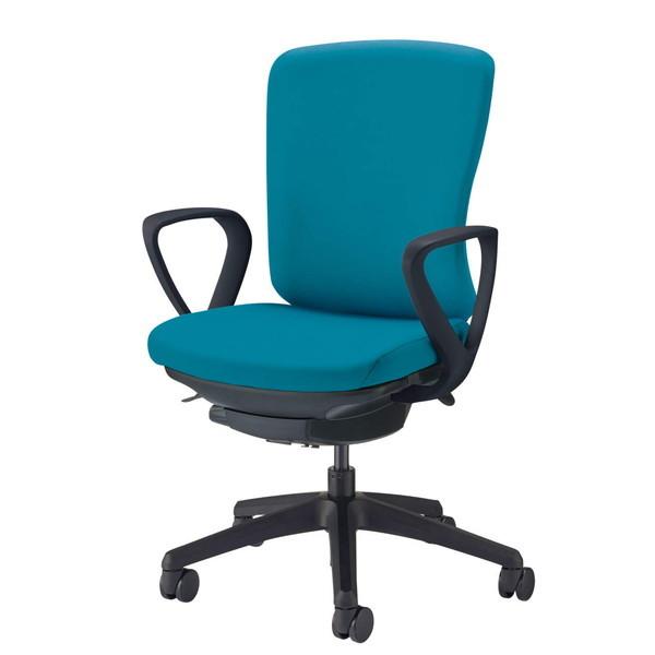 『代引不可』ライオン事務器 チェア バーサル ミドルバック ブラックシェル ブラック脚 サークルアーム 布張り ターコイズブルー No.3516F-K