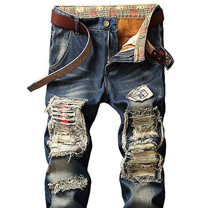 Ginger掲載商品 Energypower 大き ズボン ジーパン 防風 Diy風 ハンドメイドリペア加工 暖かい裏地 秋冬用 ダメージジーンズ 裏起毛 メンズ ボトムス パンツ Lincontournapp Com